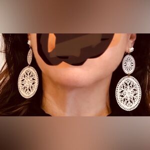 White Filigree Double-Drop Statement Earrings